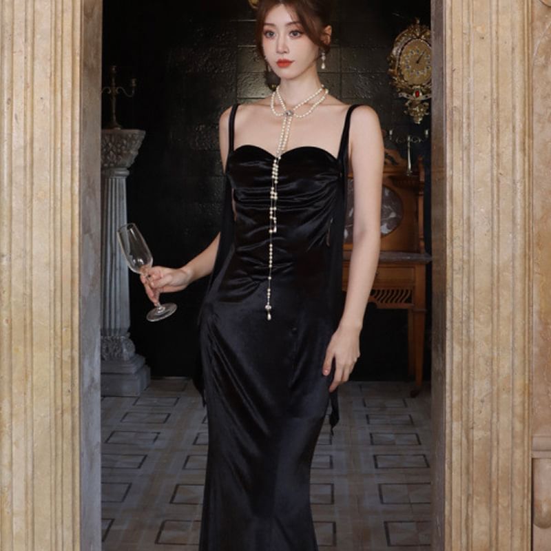 Spaghetti Ruched Maxi Dress Sheath Plain Sweetheart Strap Neck