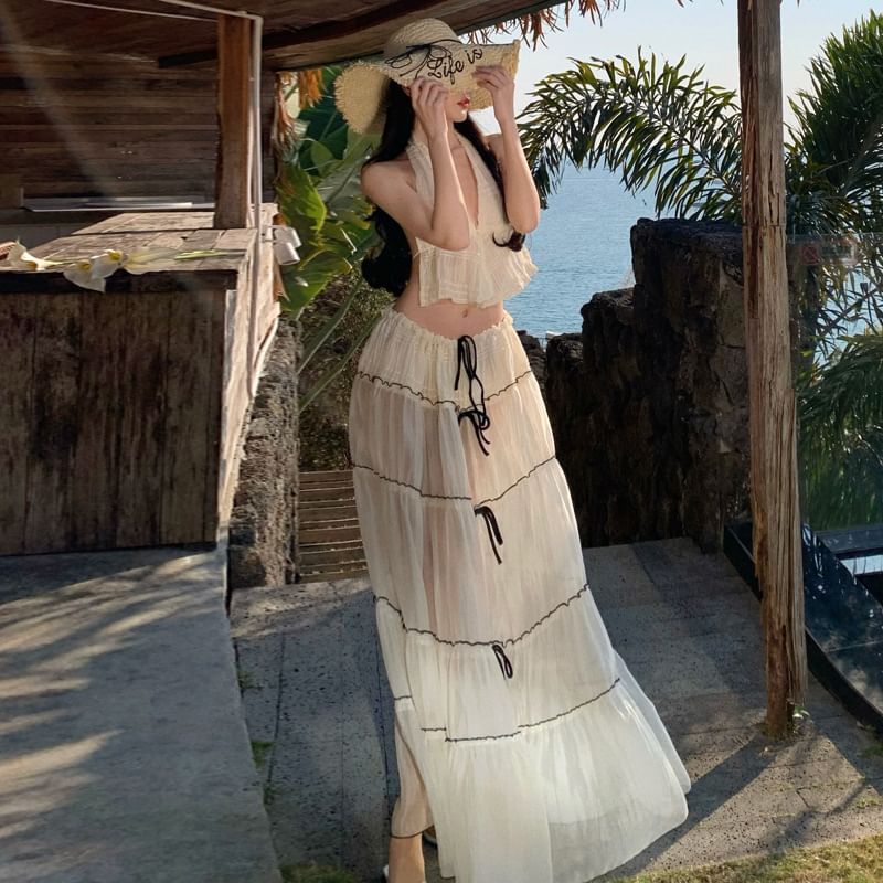 Top A-Line V-Neck Plain Skirt Rise Detail Sleeveless Set: Maxi Bow Crop Mid +