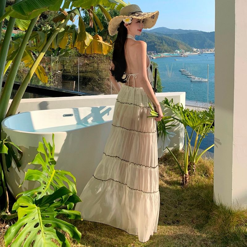 Top A-Line V-Neck Plain Skirt Rise Detail Sleeveless Set: Maxi Bow Crop Mid +