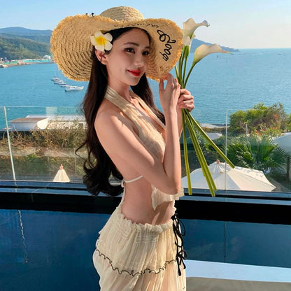 Top A-Line V-Neck Plain Skirt Rise Detail Sleeveless Set: Maxi Bow Crop Mid +