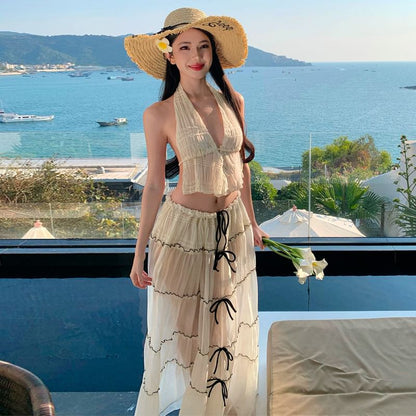 Top A-Line V-Neck Plain Skirt Rise Detail Sleeveless Set: Maxi Bow Crop Mid +