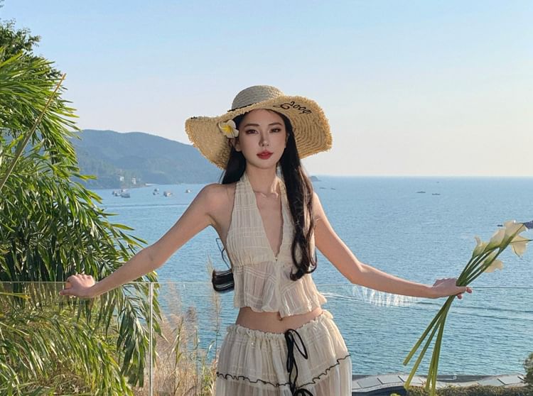 Top A-Line V-Neck Plain Skirt Rise Detail Sleeveless Set: Maxi Bow Crop Mid +