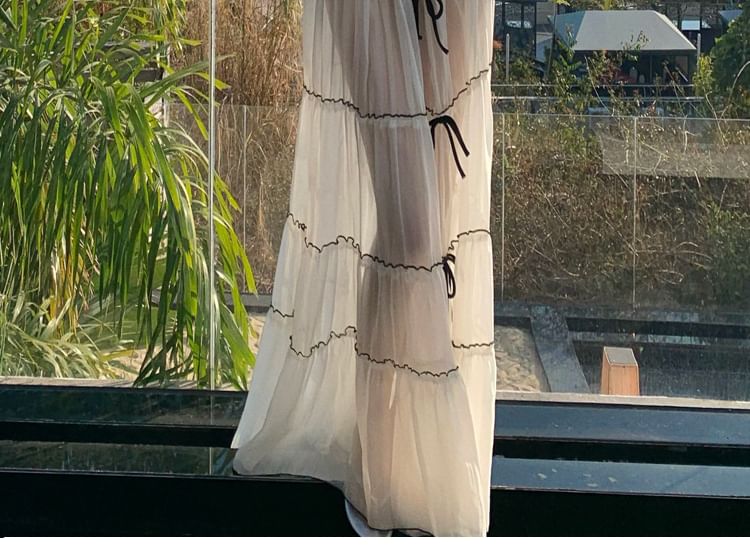 Top A-Line V-Neck Plain Skirt Rise Detail Sleeveless Set: Maxi Bow Crop Mid +