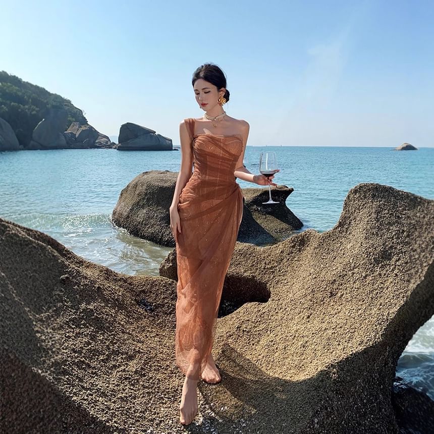 Maxi Evening Sheer Sequin Shoulder One Gown Sleeveless Ruffle