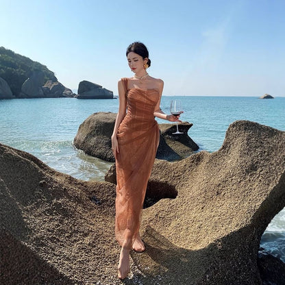 Maxi Evening Sheer Sequin Shoulder One Gown Sleeveless Ruffle