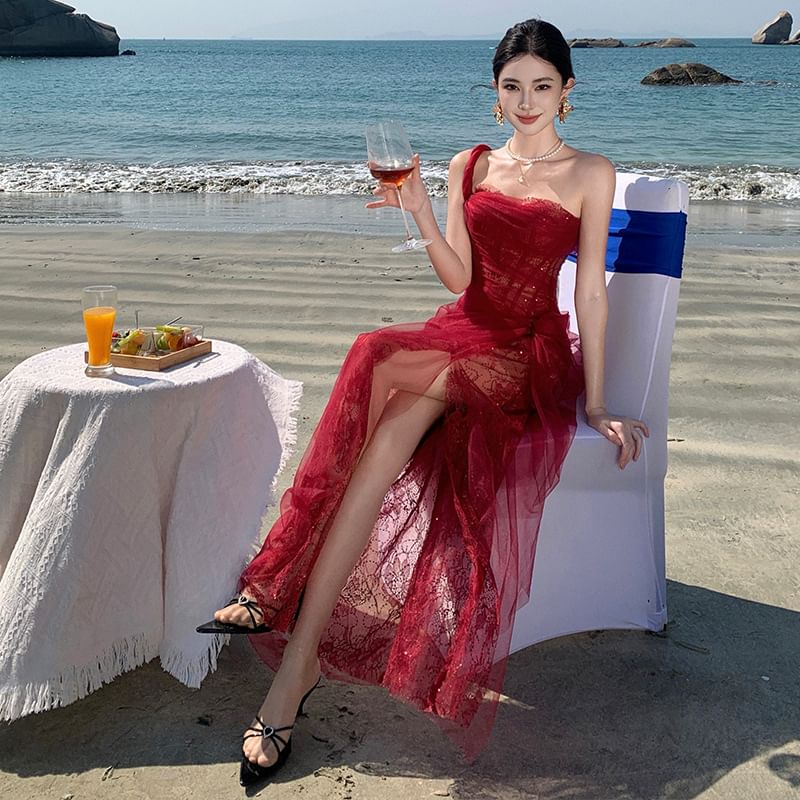 Maxi Evening Sheer Sequin Shoulder One Gown Sleeveless Ruffle