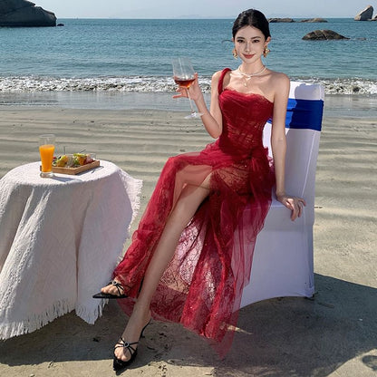 Maxi Evening Sheer Sequin Shoulder One Gown Sleeveless Ruffle