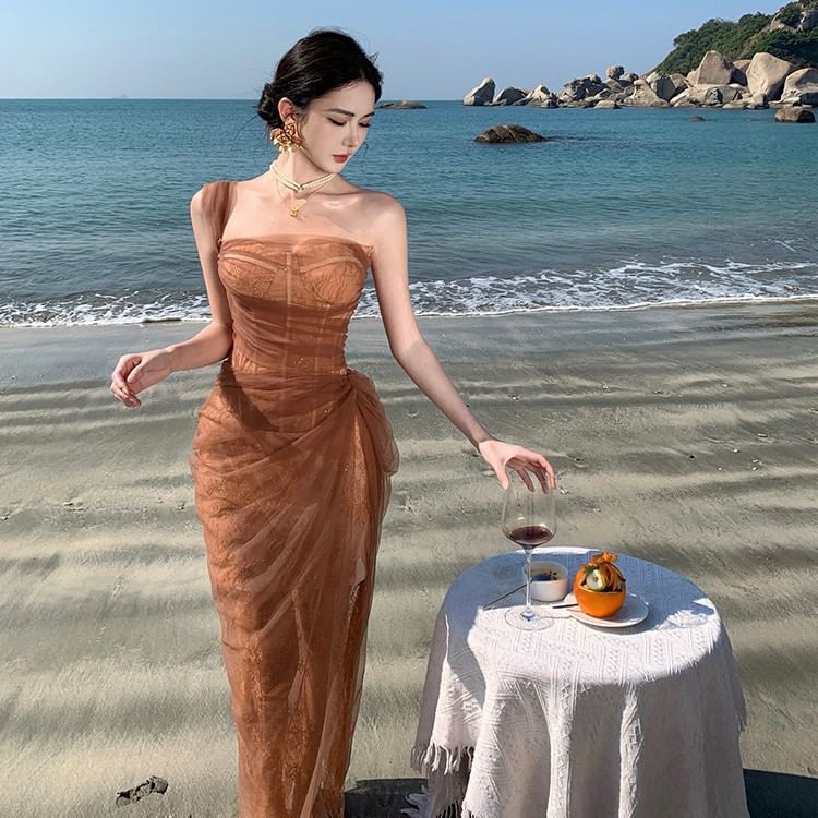 Maxi Evening Sheer Sequin Shoulder One Gown Sleeveless Ruffle