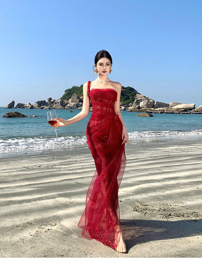 Maxi Evening Sheer Sequin Shoulder One Gown Sleeveless Ruffle