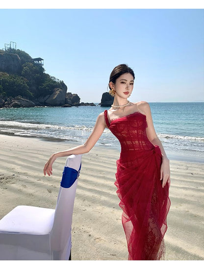 Maxi Evening Sheer Sequin Shoulder One Gown Sleeveless Ruffle