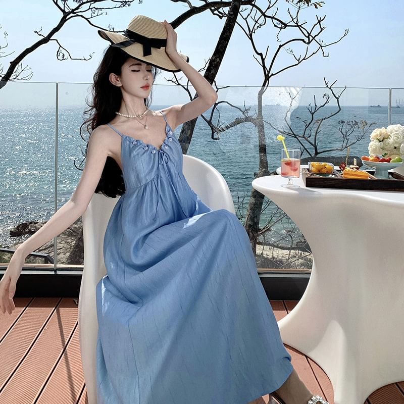 A-Line Maxi V-Neck Strap Ruched Spaghetti Dress Plain