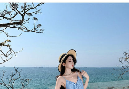 A-Line Maxi V-Neck Strap Ruched Spaghetti Dress Plain