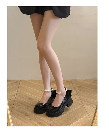 Leather Platform Bow Pumps Strap Patent Ankle