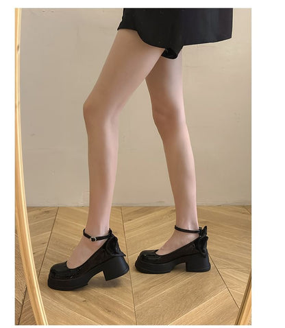 Leather Platform Bow Pumps Strap Patent Ankle