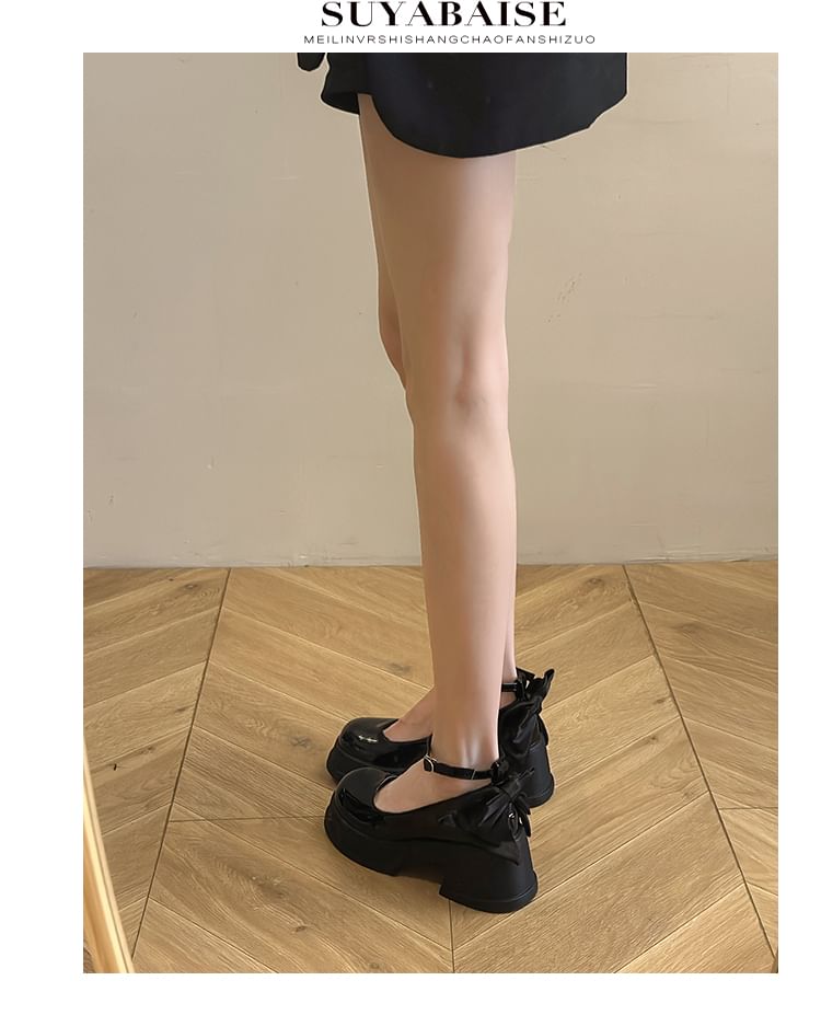 Leather Platform Bow Pumps Strap Patent Ankle