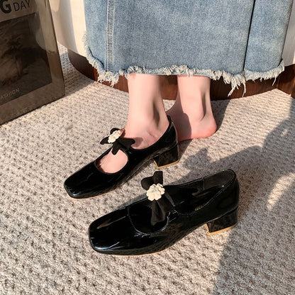 Pumps Jane Toe Block Flower Mary Heel Bow Square