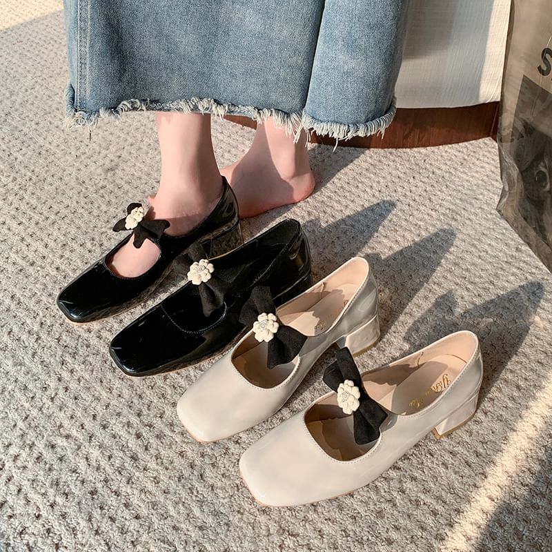 Pumps Jane Toe Block Flower Mary Heel Bow Square