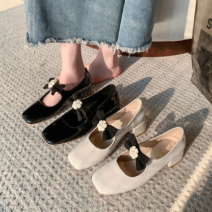 Pumps Jane Toe Block Flower Mary Heel Bow Square