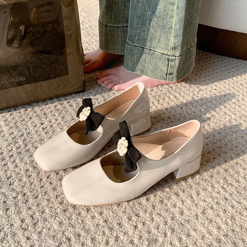 Pumps Jane Toe Block Flower Mary Heel Bow Square