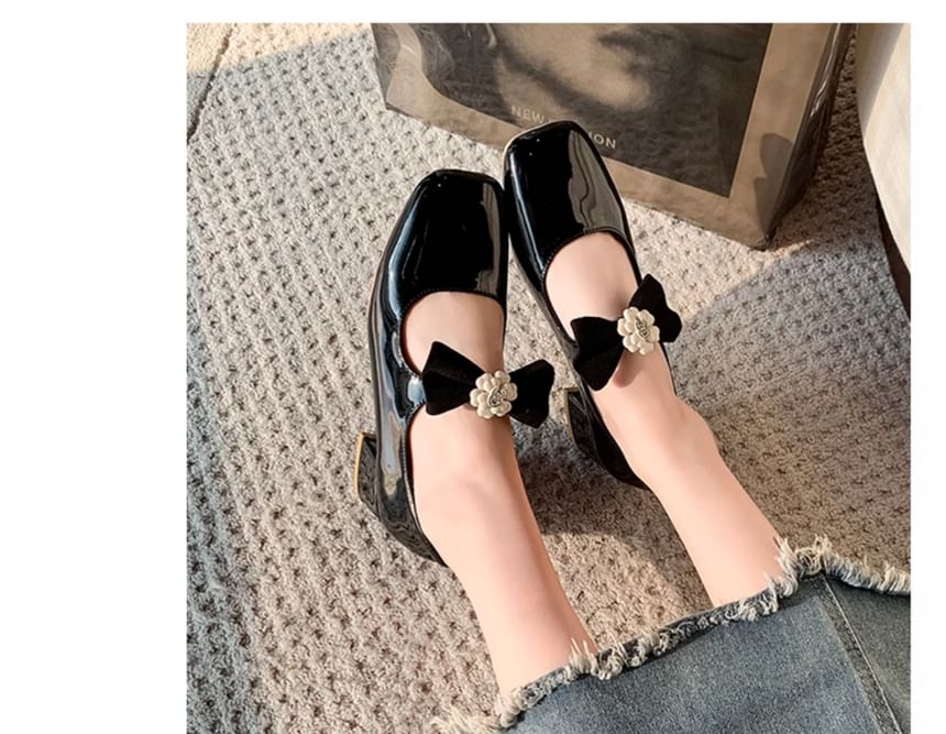Pumps Jane Toe Block Flower Mary Heel Bow Square