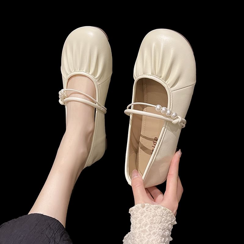 Beaded Faux Flats Mary Ruched Pearl Jane