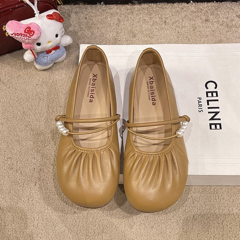 Beaded Faux Flats Mary Ruched Pearl Jane