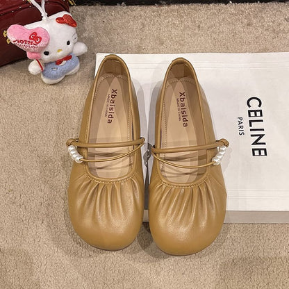 Beaded Faux Flats Mary Ruched Pearl Jane