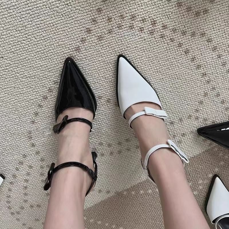 Toe Strap Stiletto Leather Pointed Patent Sandals Bow Ankle Accent