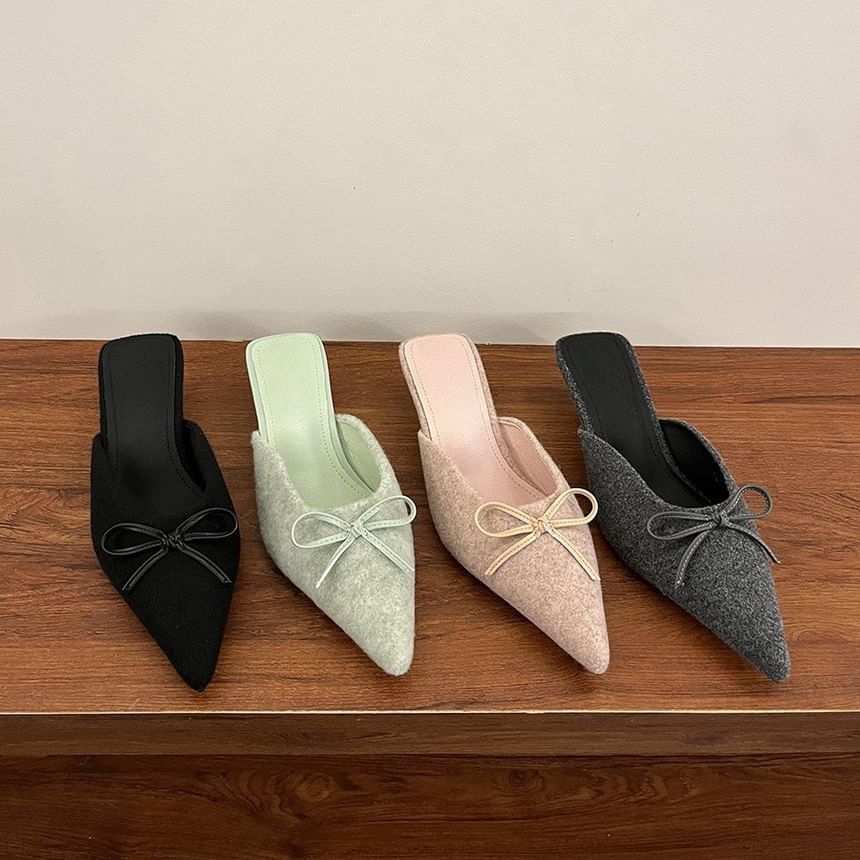 Plain Heel Bow Mules Accent Chunky Pointed Toe
