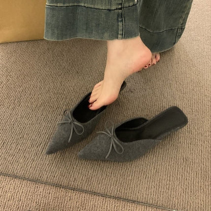 Plain Heel Bow Mules Accent Chunky Pointed Toe