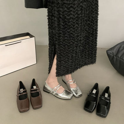 Jane Mary Toe Double Square Shoes Strap Leather Faux