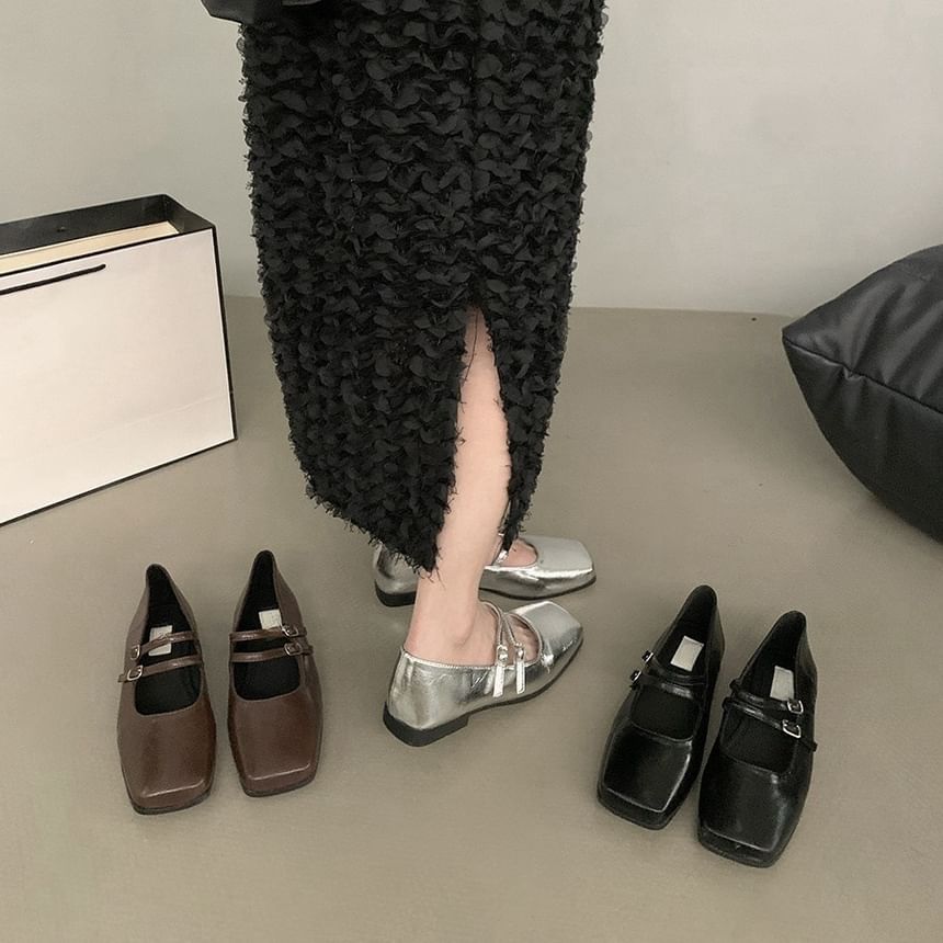 Jane Mary Toe Double Square Shoes Strap Leather Faux