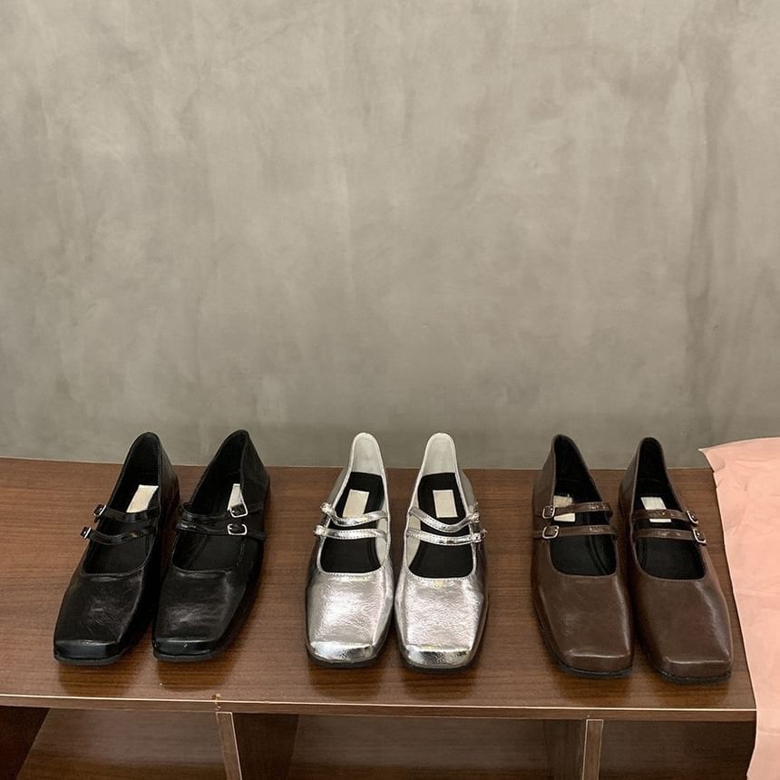 Jane Mary Toe Double Square Shoes Strap Leather Faux