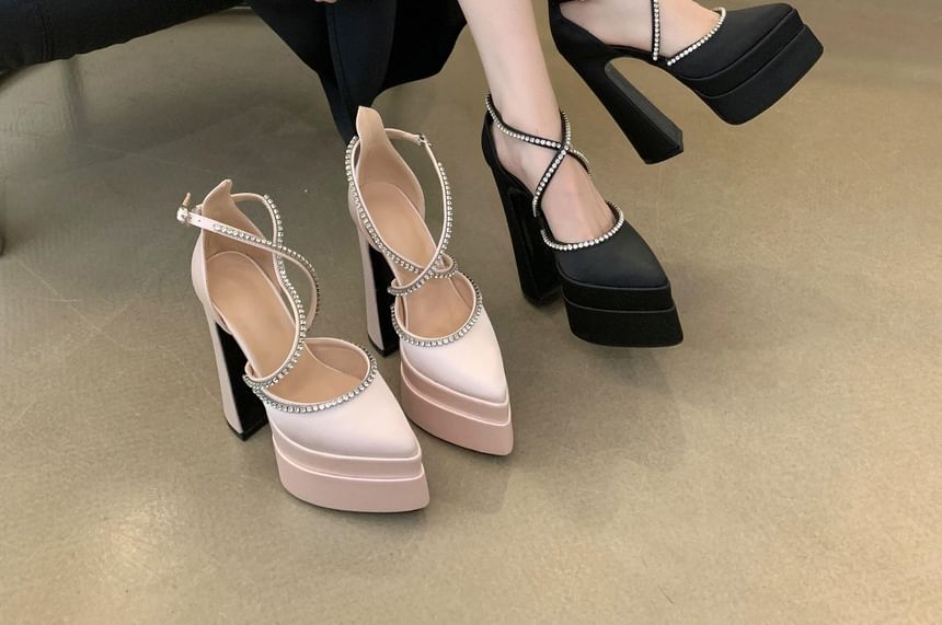 Heel Toe Chunky Pumps Accent Rhinestone Pointed D'Orsay