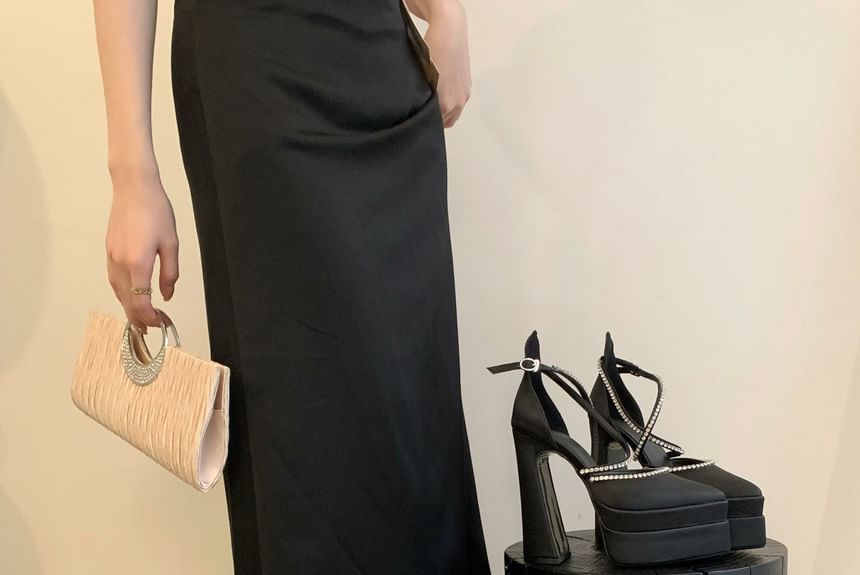 Heel Toe Chunky Pumps Accent Rhinestone Pointed D'Orsay