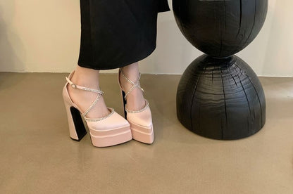 Heel Toe Chunky Pumps Accent Rhinestone Pointed D'Orsay