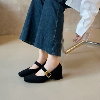 Suede Buckled Chunky Pumps Jane Heel Mary Faux
