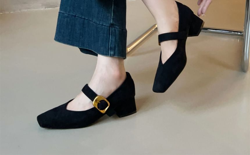 Suede Buckled Chunky Pumps Jane Heel Mary Faux