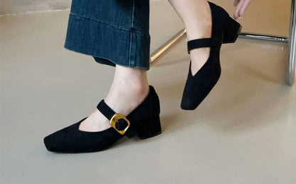 Suede Buckled Chunky Pumps Jane Heel Mary Faux