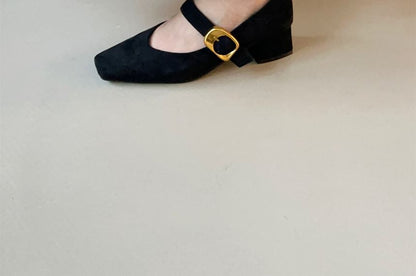 Suede Buckled Chunky Pumps Jane Heel Mary Faux