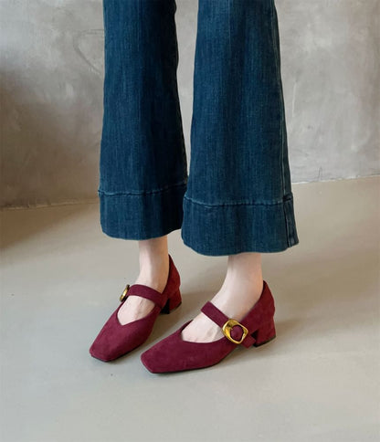 Suede Buckled Chunky Pumps Jane Heel Mary Faux