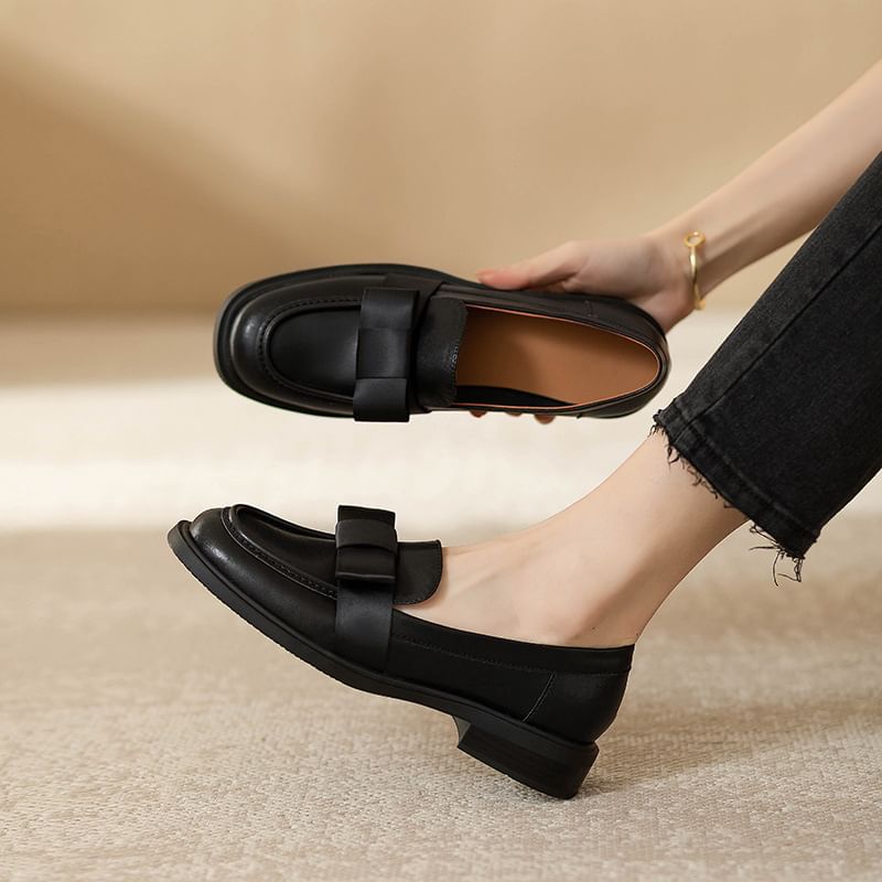 Leather Faux Loafers Accent Bow Plain