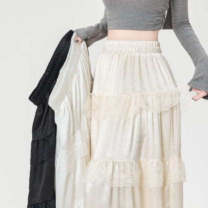 Maxi High Rise Trim A-Line Lace Plain Skirt