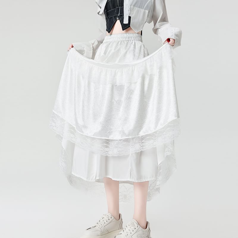 Maxi High Rise Trim A-Line Lace Plain Skirt