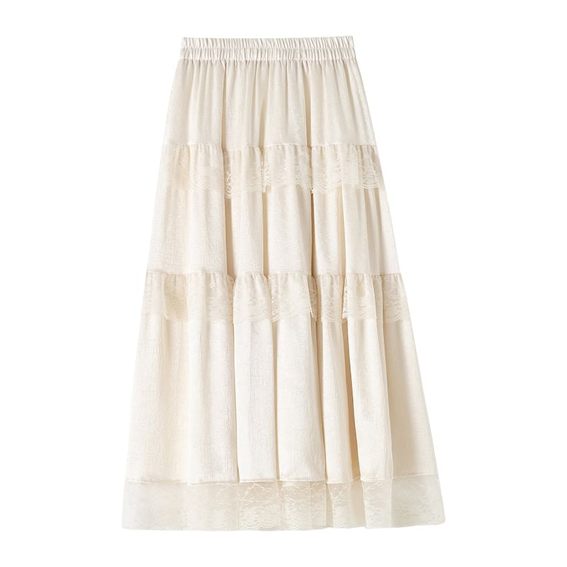Maxi High Rise Trim A-Line Lace Plain Skirt