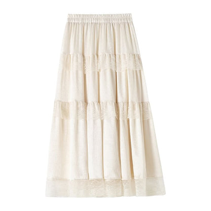 Maxi High Rise Trim A-Line Lace Plain Skirt