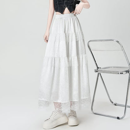 Maxi High Rise Trim A-Line Lace Plain Skirt