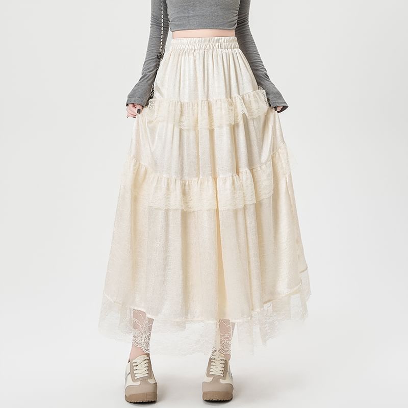 Maxi High Rise Trim A-Line Lace Plain Skirt