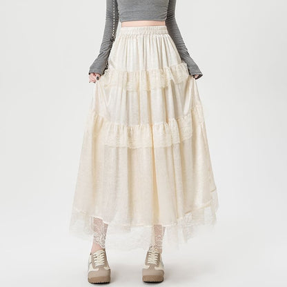 Maxi High Rise Trim A-Line Lace Plain Skirt