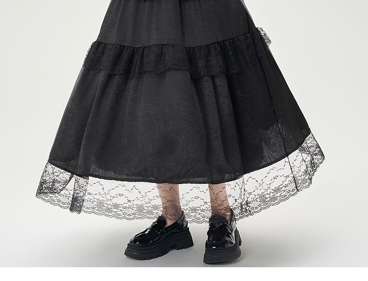 Maxi High Rise Trim A-Line Lace Plain Skirt